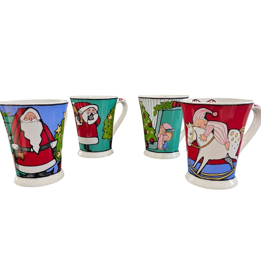 Ursula's‎ Christmas Dodge Coffee Mugs Set of 4 Cups Holiday Santa Tree Designs